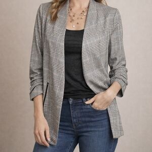 Joie Plaid Gray Metallic Blazer Jacket Open Front Ruched 3/4 Sleeves; Size XS